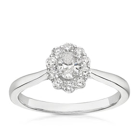 Engagement Ring 18ct White Gold Scallop Edge Oval Halo 0.50ct Diamond Ring