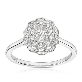 Engagement Ring 18ct White Gold Scallop Shaped Double Halo 0.50ct Diamond Ring