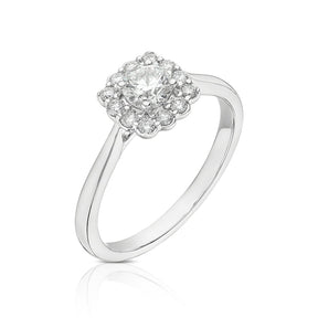 Engagement Ring 18ct White Gold Cushion Shaped Scallop Edge Halo 0.50ct Diamond Ring