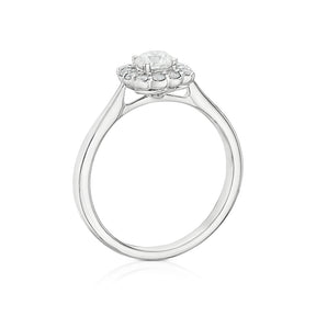 Engagement Ring 18ct White Gold Cushion Shaped Scallop Edge Halo 0.50ct Diamond Ring