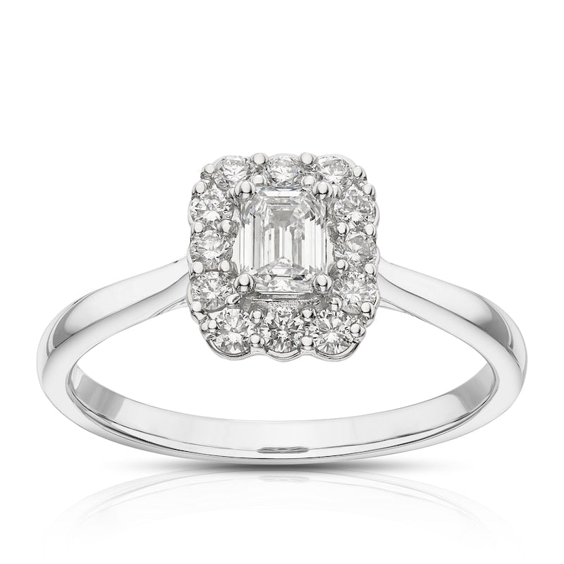 Engagement Ring 18ct White Gold Emerald Cut Halo 0.50ct Diamond Ring