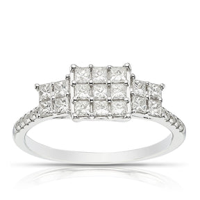 Engagement Ring 9ct White Gold Princess Cut Trilogy 0.75ct Diamond Ring