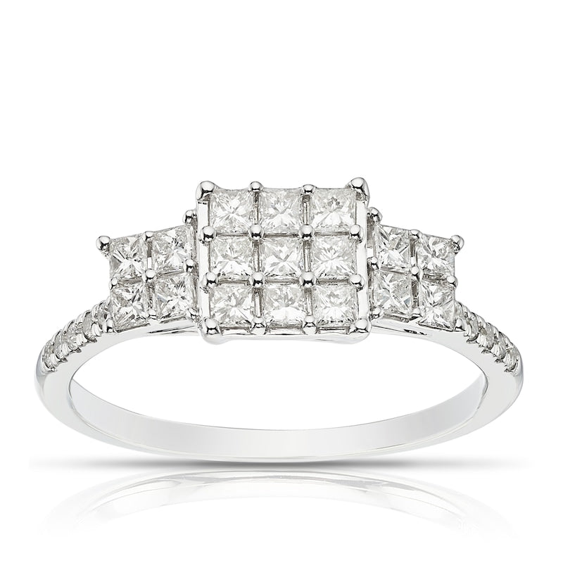 Engagement Ring 9ct White Gold Princess Cut Trilogy 0.75ct Diamond Ring