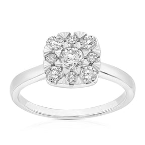 Engagement Ring 18ct White Gold Cushion Shaped Cluster 0.66ct Diamond Ring