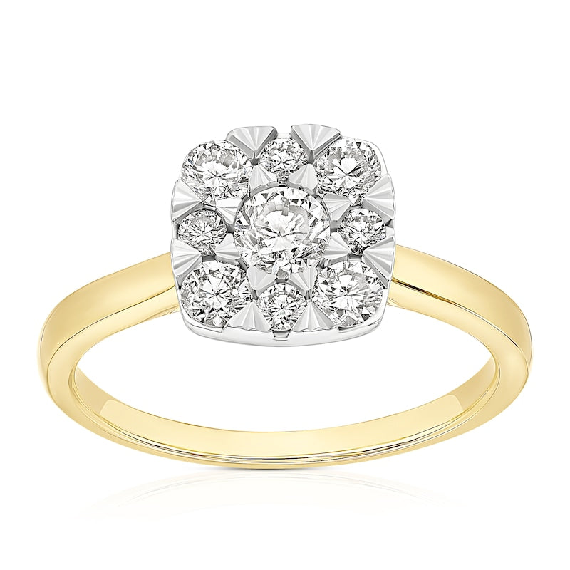 Engagement Ring 18ct Yellow & White Gold Cushion Shaped Cluster 0.66ct Diamond Ring