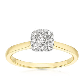 Engagement Ring 18ct Yellow & White Gold Cushion Shaped Cluster 0.25ct Diamond Ring