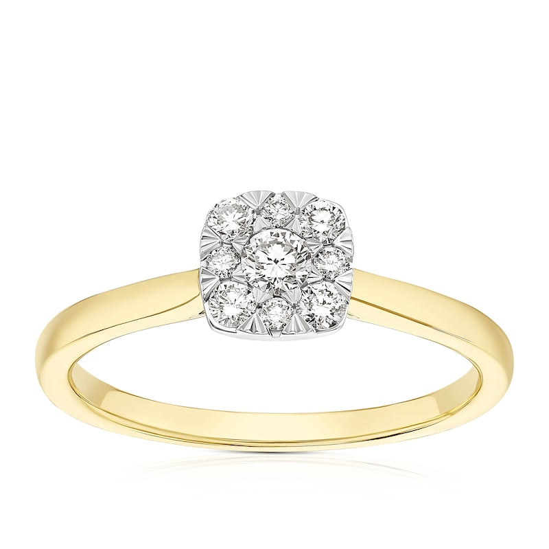 Engagement Ring 18ct Yellow & White Gold Cushion Shaped Cluster 0.25ct Diamond Ring