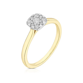 Engagement Ring 18ct Yellow & White Gold Cushion Shaped Cluster 0.25ct Diamond Ring