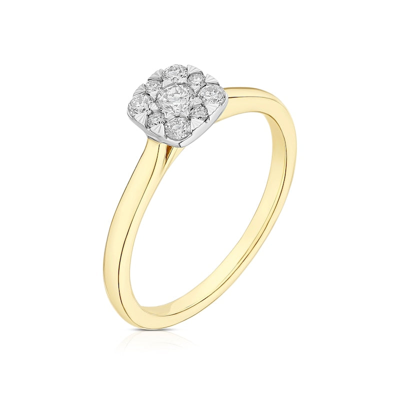 Engagement Ring 18ct Yellow & White Gold Cushion Shaped Cluster 0.25ct Diamond Ring