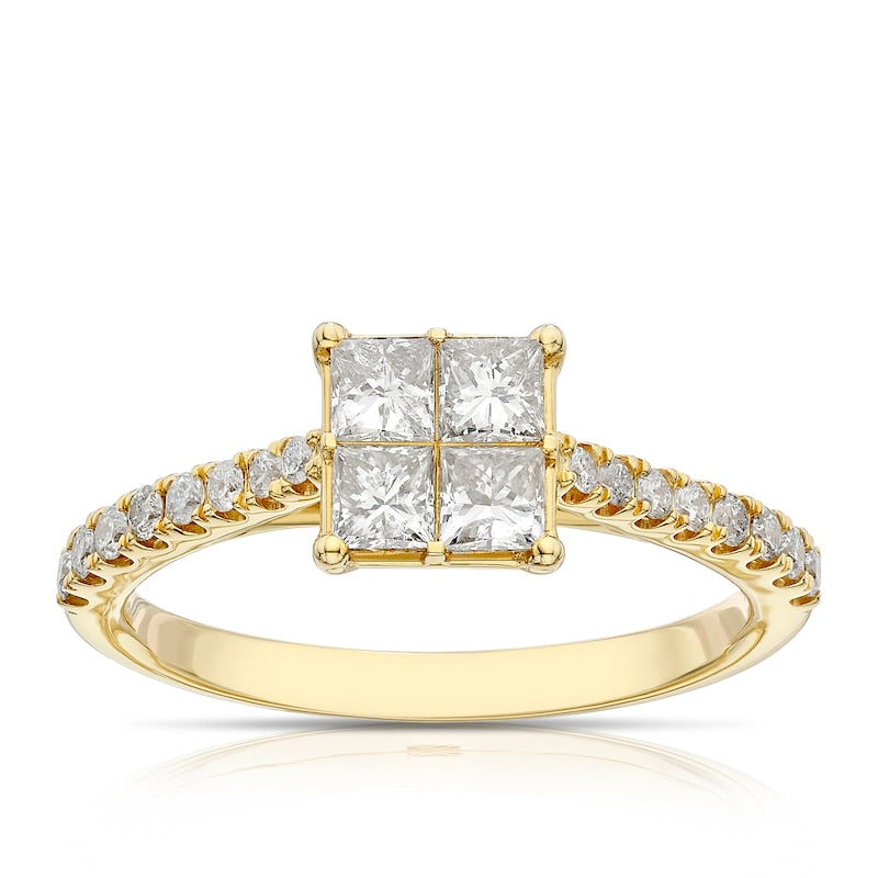 Engagement Ring 14ct Yellow Gold Quad Shaped Solitaire 0.75ct Diamond Ring