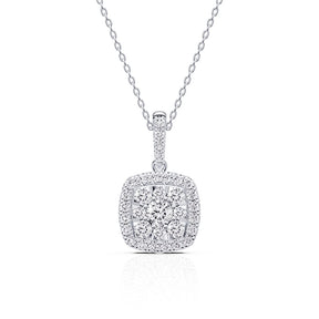 Platinum White 0.50ct Diamond Cushion Shaped Cluster Pendant Necklace
