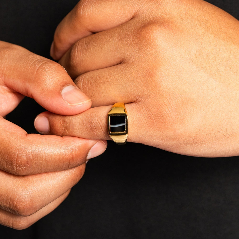Square White Line Onyx Ring - Gold