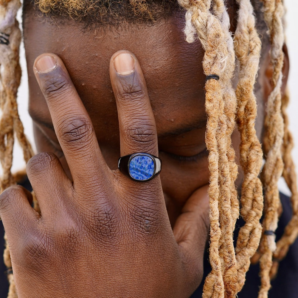 Blue Lapis Lazuli Signet Ring - Black